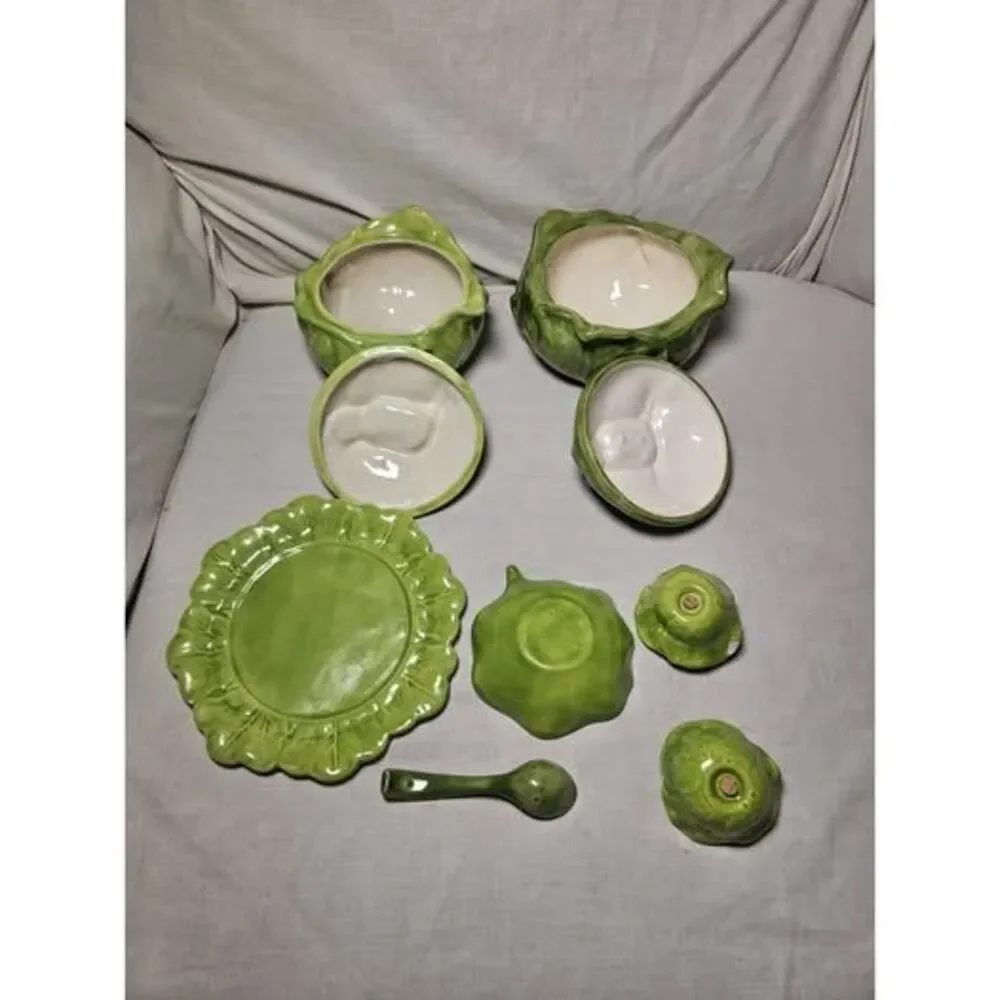 Vintage 1956 Holland Mold 9 Peice Green Cabbage Lettuce Ware Set 2 Tureen Spoon
